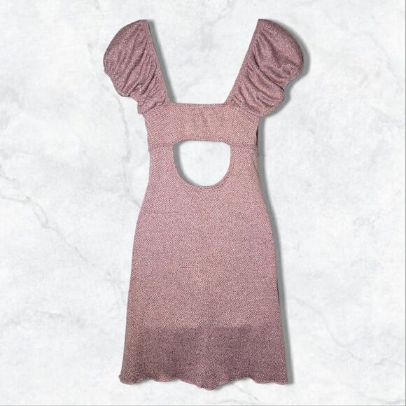 Luna Chix Dusty Pink Sparkly Sweetheart Puff Sleeve Keyhole Back Mini Dress - Picture 3 of 6